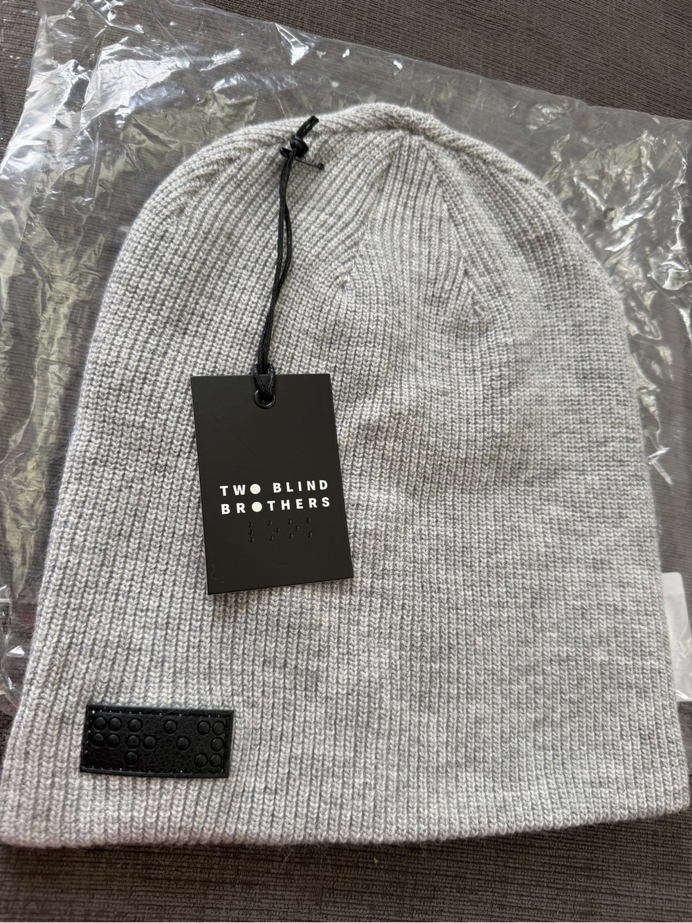 Two Blind Brothers Unisex Adult Soft Beanie Hat Cap Knit Gray Braile Logo